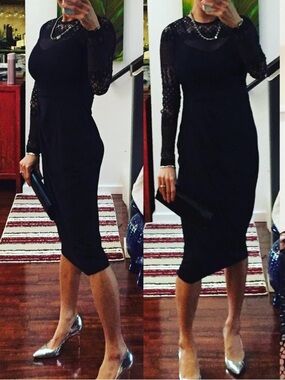 French Connection Black Lace Long-Sleeve Midi Dress